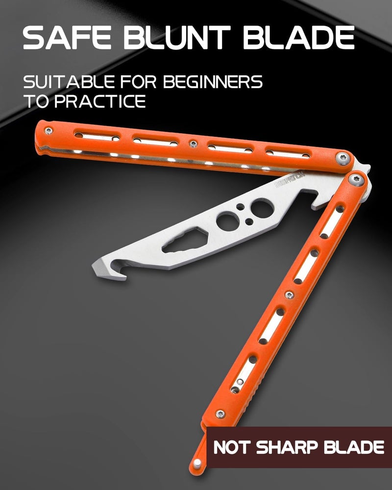 Dispatch Practice Butterfly Knife Trainer 2 Pack Unsharpened Balisong with Stainless Steel Dull Blade, Durable ABS Handle & Lock Latch | EDC Flipping, Cosplay, Survival Training Tool, Black & Orange - Image 5